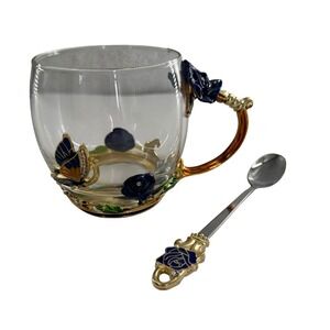 Vintage Clear Glass Enamel Flower Daisy Butterfly Tea Cup Spoon Rhinestone Rose